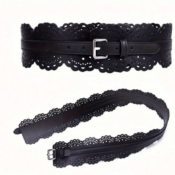 Luxe Vegan Leather Scallop Cut out Buckle Wide belt main image 5